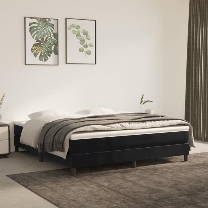 Sommier à ressorts - AKOZON - 160x200 cm - Velours noir - 2 places - Pieds inclus