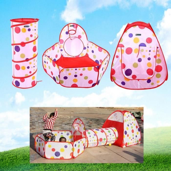 Tente de jeu - Enfants - Tunnel et piscine ?� balles - Rouge + pois color?�s - 100% polyester - 0 