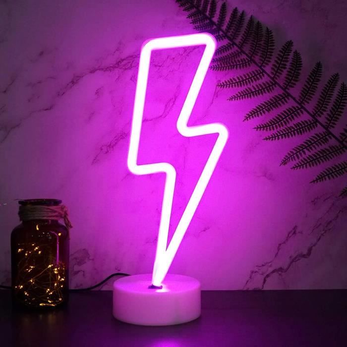 Enseigne au néon - Eclair ros - Lampe LED rose - Décoration intérieure - Alimentation par batterie