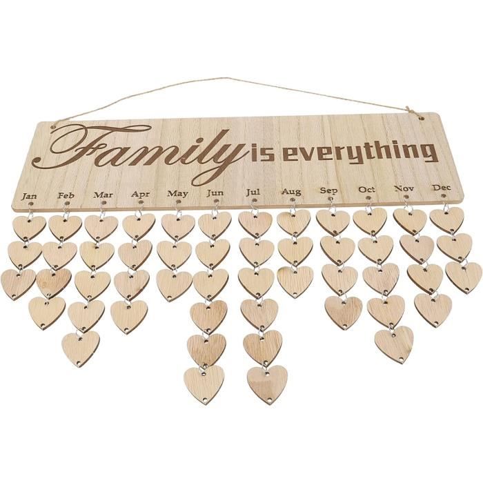 Calendrier D'anniversaire Familial En Bois Sculpté - 40x12 Cm, Avec 100 étiquettes Cœur/rond - Décoration Murale Personnalisable - 5