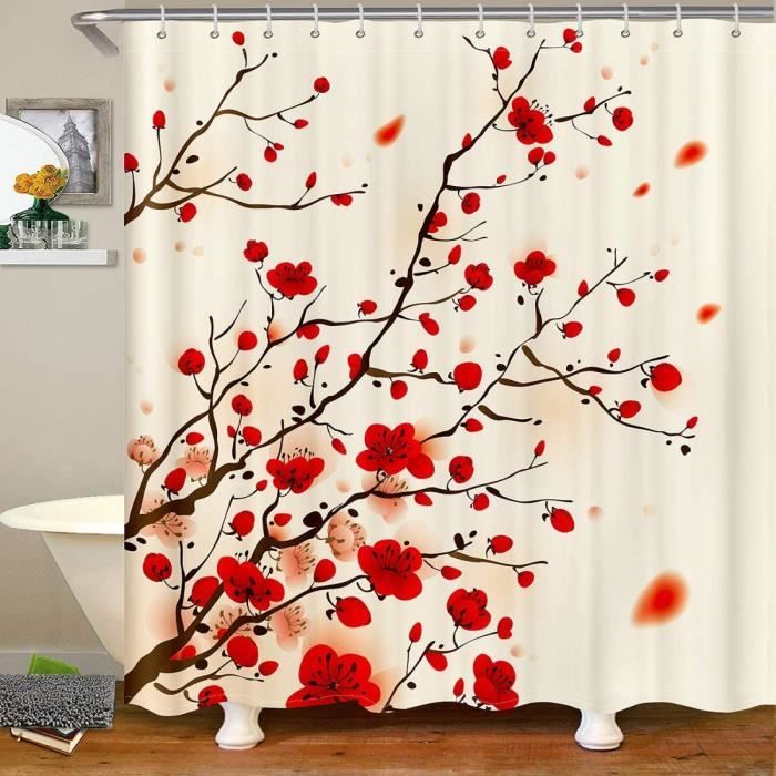 Rideau De Douche Anti-moisissure Motif Fleurs De Cerisier 3D - 180x200 Cm, Polyester Imperméable, Avec 12 Crochets - 6