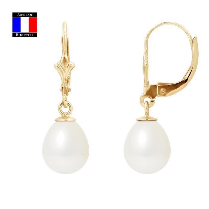 Compagnie Générale des Perles - Boucles d'Oreilles Véritables Perles de Culture 8 -9 mm Or 18 Cts - Système Brisures - Bijou Femme