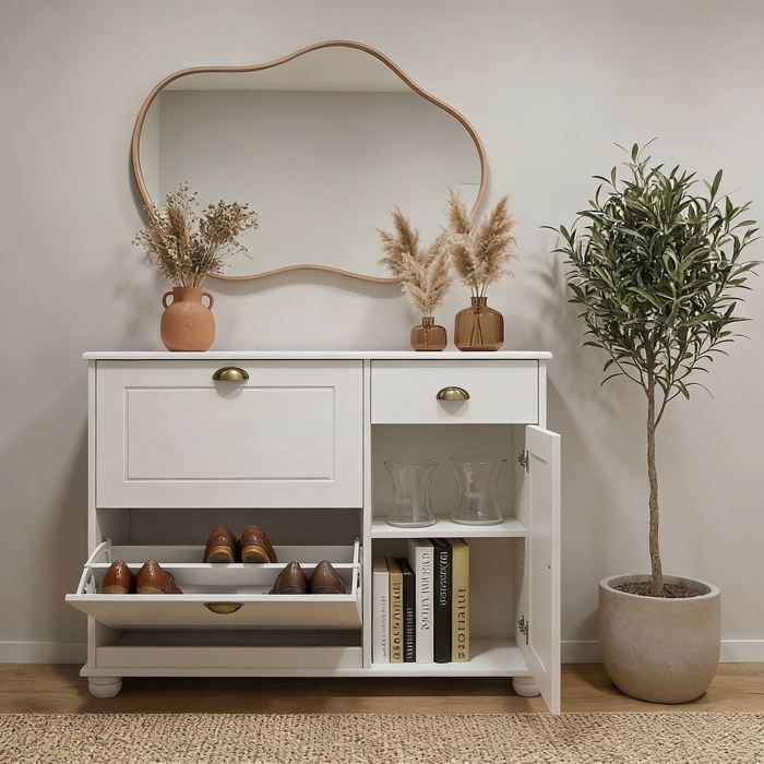 Meuble à chaussures COLMAR armoire rangement avec 2 abattants 1 tiroir et 1 porte avec 1 étagère en pin massif lasuré blanc