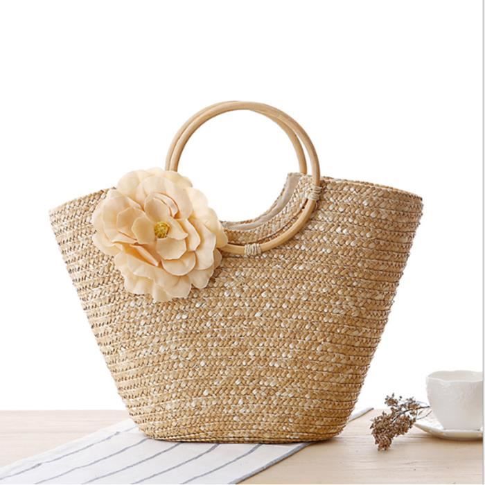 Sac à Main En Paille Pour Femme - Sac Bandoulière Plage été - Fourre-tout Vacances - Taille 35x36cm - Fermeture éclair