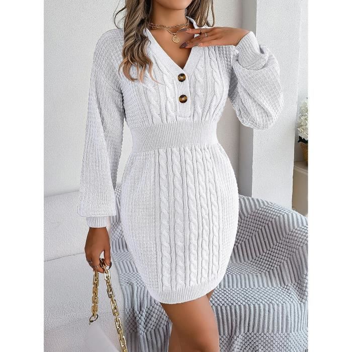Robe Pull Femme Tricotée - Manches Longues, Col Rond, Couleur Unie - Tissu Doux Chaud Pour Automne/hiver - Coupe Droite Genou