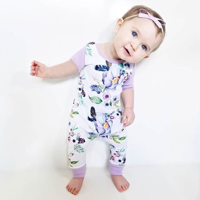 0-24 Mois Combinaison à Manches Courtes Une Pièce Motif Fleur Violet  Grenouillère Pyjama pour Bébé Fille Nouveau-né