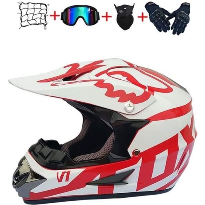 Casque Motocross Intégral - Kit Complet 4 Pièces (Casque, Lunettes, Masque, Gants) - Taille S à XL - Norme DOT - Rouge - 9