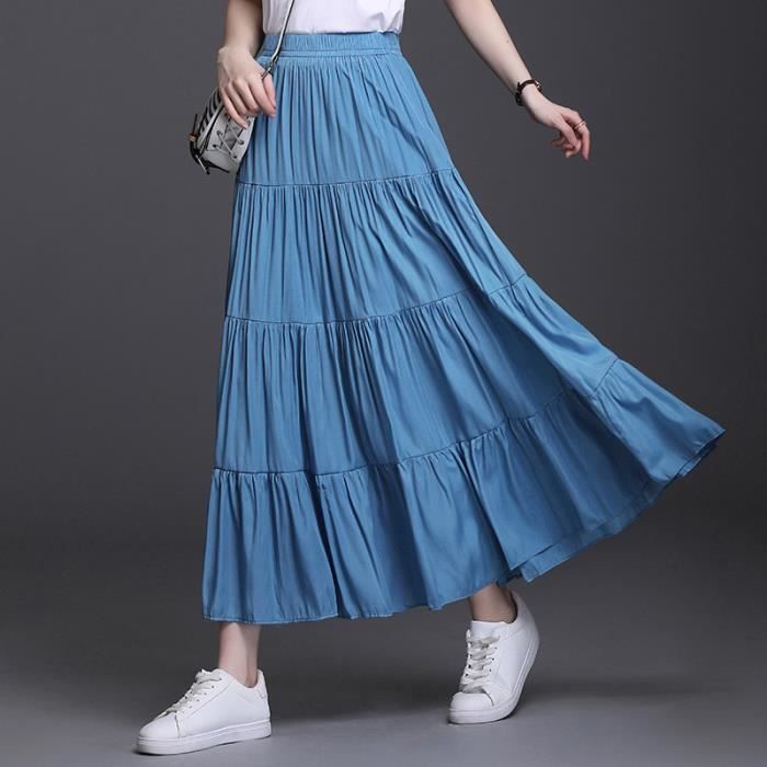 Jupe Longue Cheville en Tissus Jeans avec Taille elastiquee Femme Bleu KJEHOME Bleu Cdiscount Pret a Porter