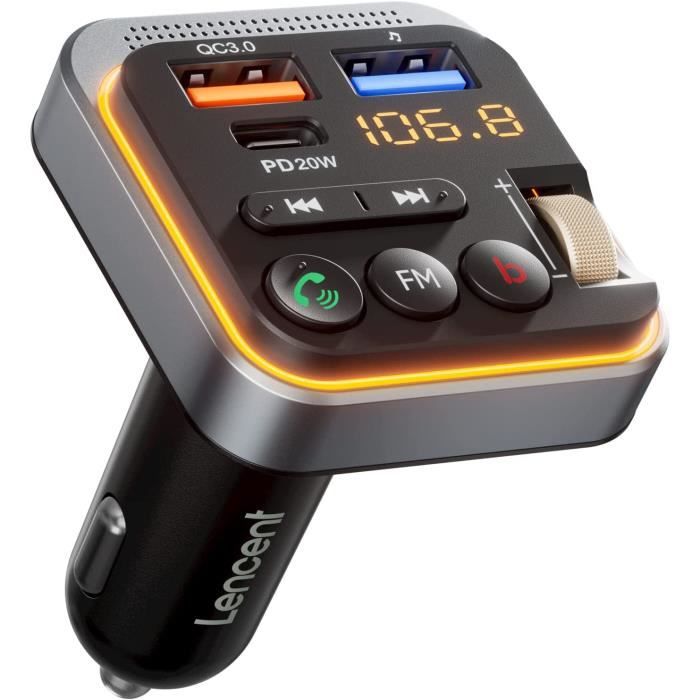 Transmetteur FM Bluetooth 5.3 Pour Voiture - Charge Rapide PD 30W + QC3.0 - Appels Mains Libres Clairs - LENCENT