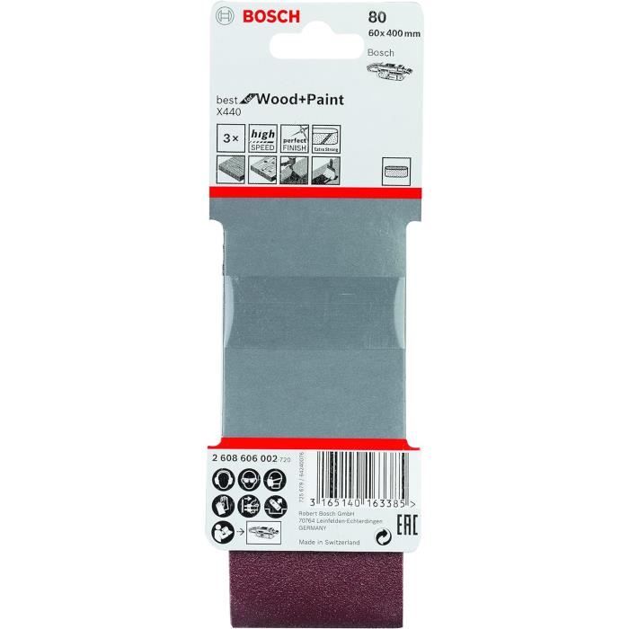 10 Bandes Abrasives Bosch PRO X440 Pour Bois Et Peinture - Grain 80, 100 X 610 Mm, Pour Ponceuse à Bande