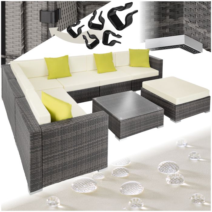 Canapé de jardin - TECTAKE - Salon lounge dextérieur MARBELLA modulable en rotin 7 places avec 1 table et 1 pouf - Gris