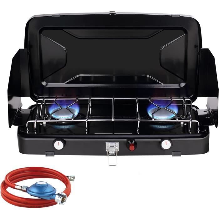 Réchaud Camping Gaz 2 Feux Portable - 1.15kW Par Brûleur - Avec Bac Barbecue Amovible Et Mallette