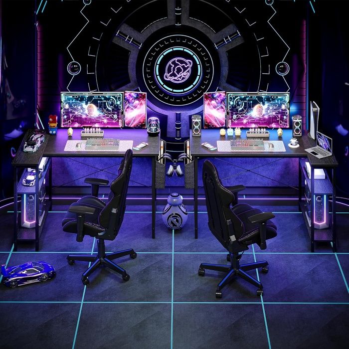 BEXEVUE - Bureau Gaming 120x50cm Avec Multiprise Intégrée LED - 4 Tiroirs Réversibles - Étagère Rangement