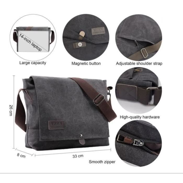 Sac Bandoulière Homme En Toile - Sacoche Messenger Noir - Pour Travail, Voyage Ou École