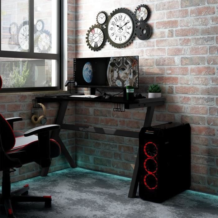 HOMCOM Bureau gaming bureau gamer bureau informatique bracket casque  supports pour haut-parleurs porte-gobelet grand plateau MDF étagère écran 120  x 60 x 94,5 cm noir rouge multi-rangements