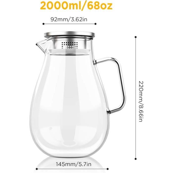 Carafe En Verre Borosilicaté 2 Litres - Avec Couvercle Inox, Filtre Et Brosse - Résiste Du Froid Au Chaud (-20°C à 300°C)