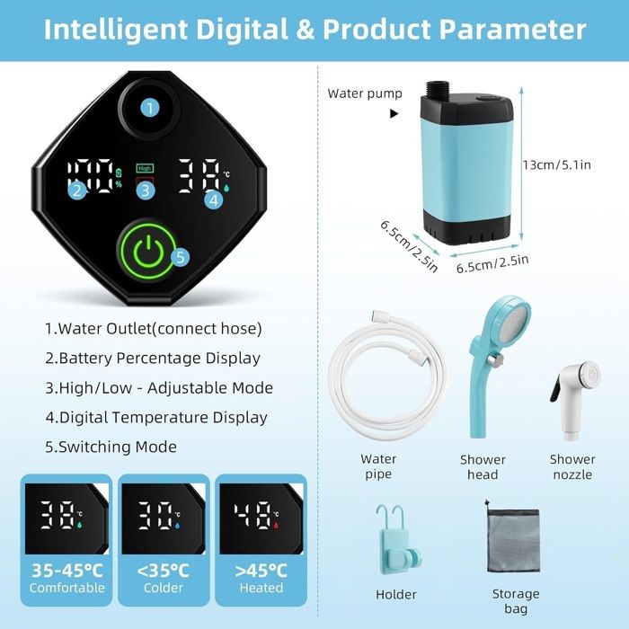 MZJAUVF Douche Camping, Douche Portable, Pompe de Douche Électrique Rechargeable, Pommeau de Douche 6000mAh,avec Afficheur Intelligent, Kit Douche de Camping 4 Modes pour Camping, Randonnée, Voyage