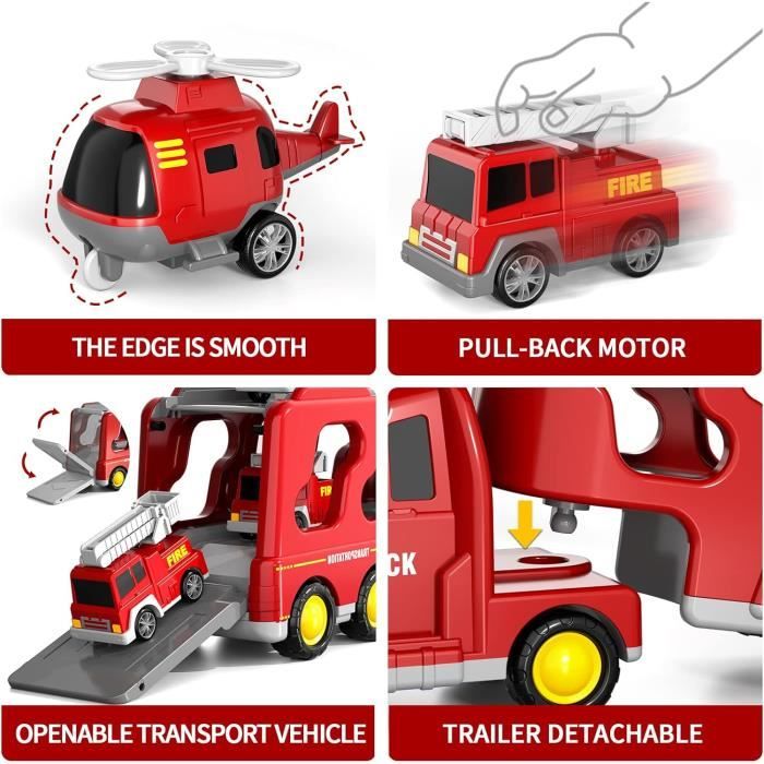 Weiongppy – Camion Pompier 5 En 1 Avec Son Et Lumière – Transporteur + 4 Mini Véhicules – Dès 2 Ans