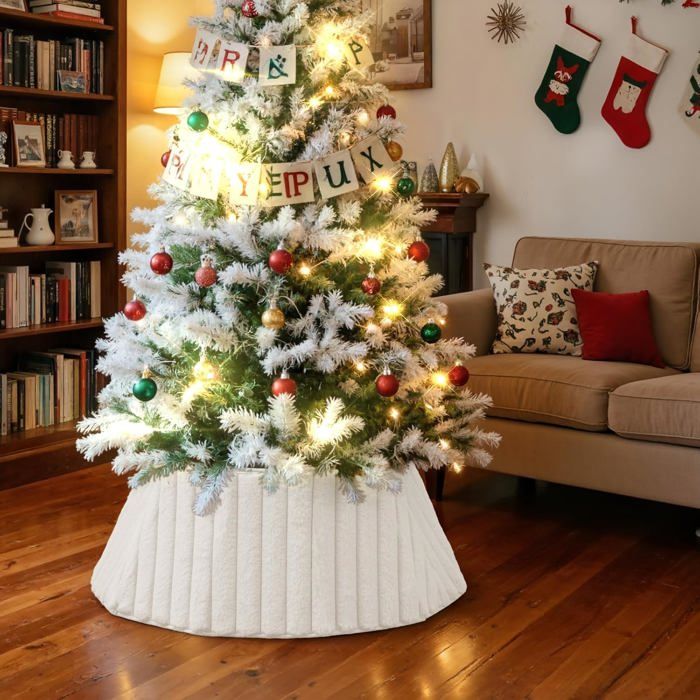 Jupe De Sapin De Noël Lanpn 60 Cm - Fausse Fourrure Rouge - Cache Pied Sapin Avec Support Intégré - 12