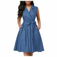ROBE Solide taille sans manches revers dentelle a - line navetteur robe moyenne longue taille pour femmes Bleu-0
