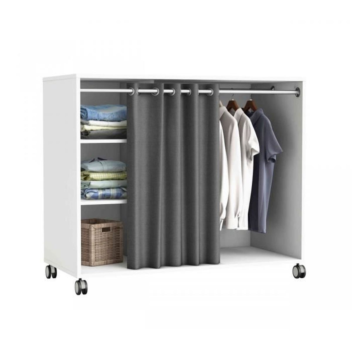 Meuble Sous Comble Blanc Perle A Roulettes Avec Rideau Achat