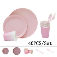 Assiettes en papier jetables couleur bonbon,fournitures de fête de carnaval,en plastique,pour noël,anniversaire- 40PCS Pink