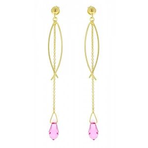 Boucles D'oreilles Pendantes - Cristal Rose Et Zircon - Plaqué Or 18 Carats - Neuf Avec étiquettes