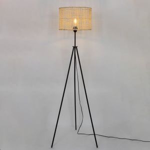 LAMPADAIRE Lampadaire moderne Bora 150cm métal noir et rotin naturel compatible LED