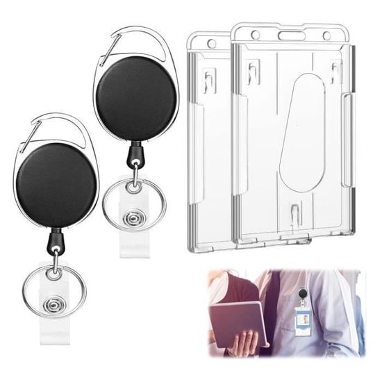 Porte-Badges Transparents Rigides - Lot De 2 Avec Cordons Rétractables - Pour Cartes D'Identité, Badges, Cartes De Crédit - Horizontal/Vertical - 5