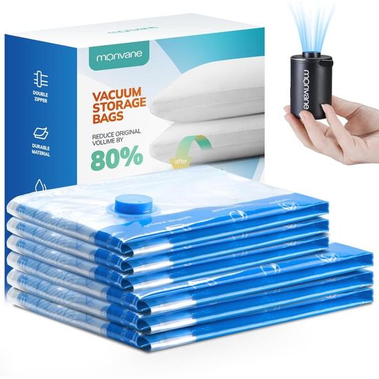 MONVANE 6 Sacchetti Sottovuoto Per Vestiti Con Pompa Elettrica Senza Fili – 3 Taglie M (50x70 Cm) E S (40x60 Cm), Risparmio Spazio 80%, Impermeabili