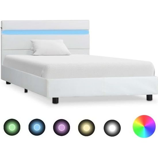 MEXP- Cadre de Lit Double | Structure de lit Adulte | Lit 2 personnes Moderne avec LED Blanc Similicuir 90 x 200 cm9731