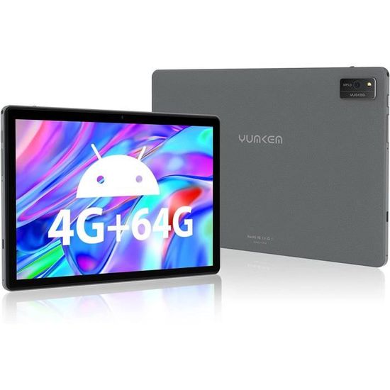 YUMKEM Tablette 10.1 pouces, Android 11, WiFi, 4GB RAM, 64GB ,Dual Camera, 6000mAh, WiFi, avec étui pour tablette(Gris)
