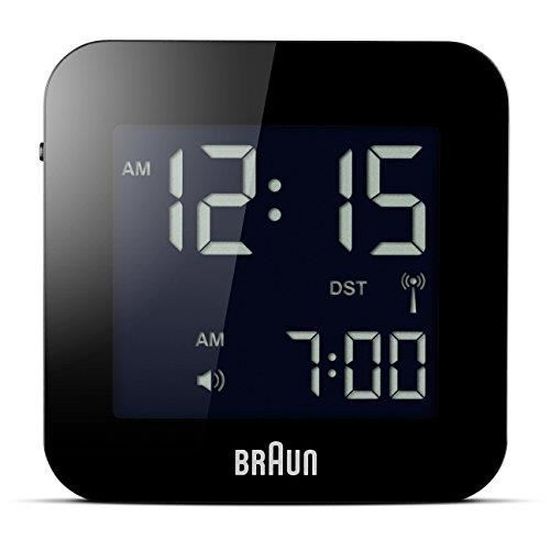 écran LCD négatif modèle BNC008BK-RC. en noir bip d’alarme taille compacte réglage rapide Réveil de voyage numérique radiocommandé multi-régions Braun avec fonction snooze 
