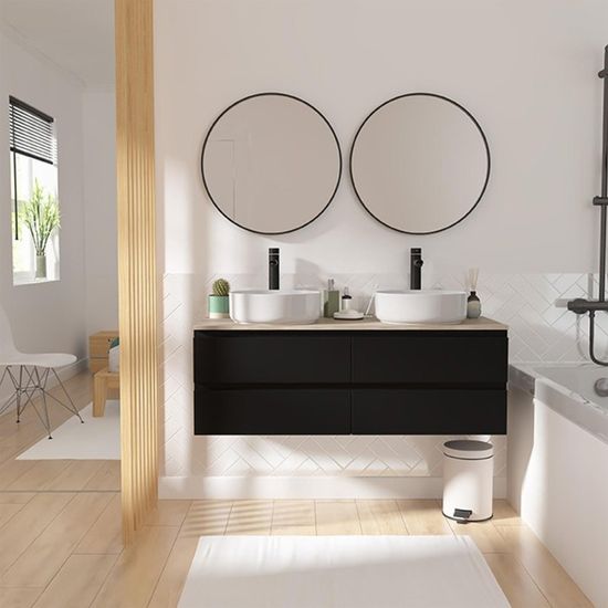 Meuble Vasque Sorrento Noir 60cm - 2 Tiroirs, Plan Vasque Céramique | Salle De Bain Moderne