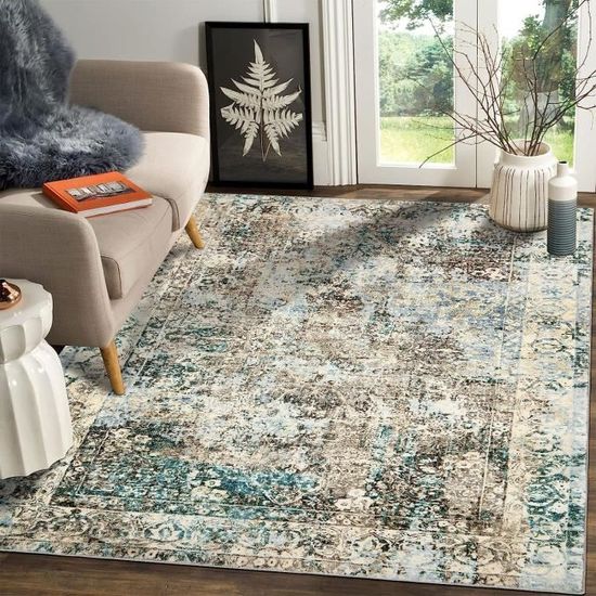Tapis Vintage Lavable 120x180cm - Pile Courte Douce, Envers Antidérapant, Style Oriental, Pour Salon/chambre