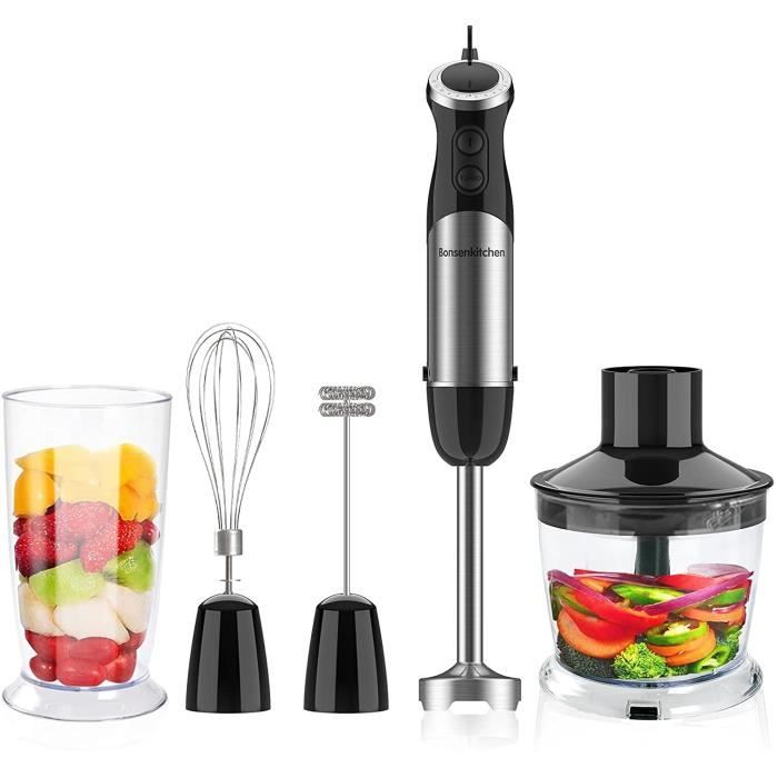 Mixeur plongeant 4 en 1, 800 w, pressepurée en acier inoxydable avec 500 ml, gobelet de 600 ml