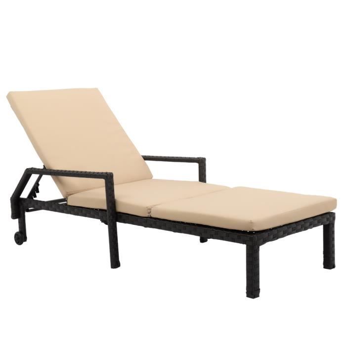 Bain de soleil Chaise Longue en Résine Tressée Marron, avec 2 roulettes et Beige Coussin 199.5 x 63.5 x 48cm