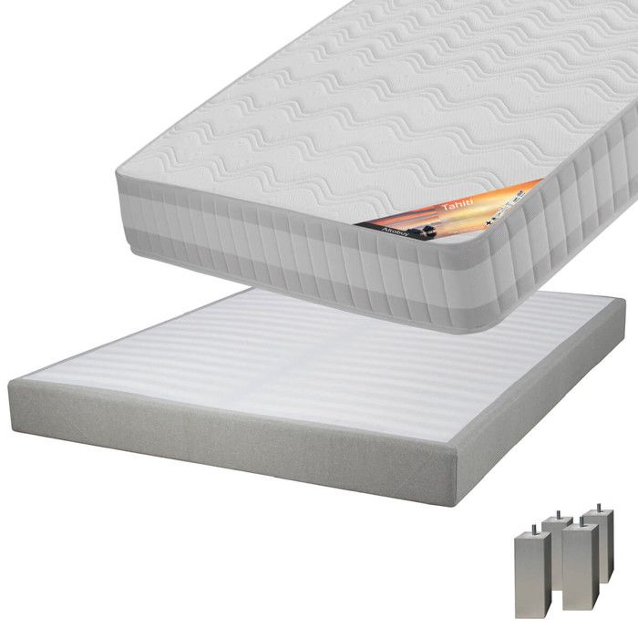Tahiti - Pack Matelas 160x200 + Sommier Tapissier Démontable 2x20 Lattes Lin + Pieds Carrés Argent 15cm