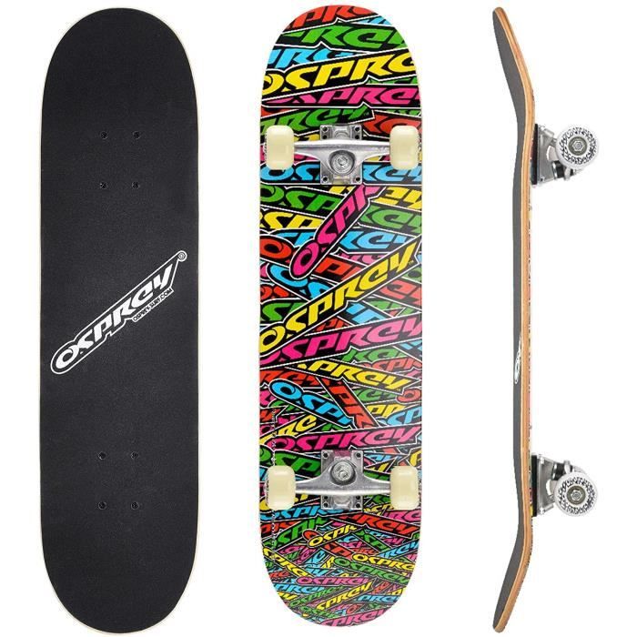 Osprey Skateboard Complet idéal pour Enfants Débutants - Planche de Skate 79 cm, Érable Lamellé 7 plis Double Kick Concave, Trucks A