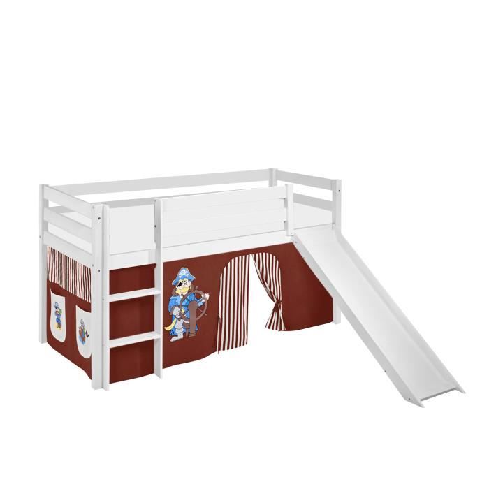 Lit surélevé ludique JELLE 90 x 190 cm Pirate marron beige-S - avec rideaux et toboggan - LILOKIDS - blanc laqué