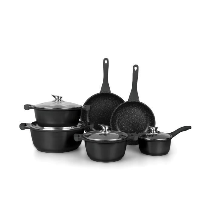 Batterie de cuisine Mayerhoff 10 pièces noir avec revêtement antiadhésif façon pierre compatible tous feux dont induction