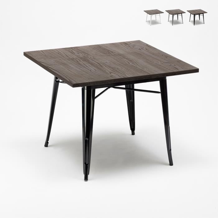 Table industrielle Tolix en acier métal et bois 80x80 bar et maison Allen, Couleur: Noir