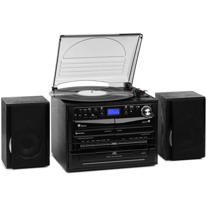 AUNA 388-DAB + - Chaîne compacte, 2 Enceintes, Fonction BT, Tuner Radio FM/Dab+, Platine Vinyle, Lecteur CD avec Fonction MP3, 2 pla