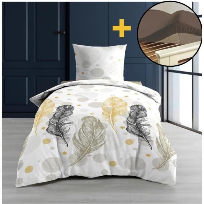 CDaffaires Pack parure 140 x 200 plumylou + drap housse 90 x 190 cm Noisette