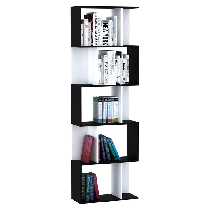 Bibliothèque étagère meuble de rangement design contemporain en S 5 étagères 60L x 24l x 185H cm noir blanc 60x24x185cm Noir