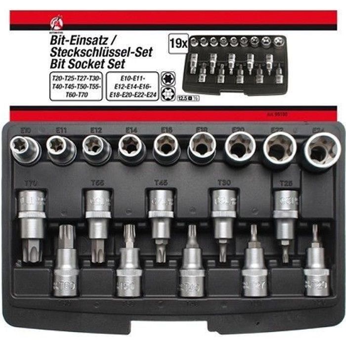 Coffret de 19 douilles et embouts de vissage en Torx : E10 à E24 - T20 à T70