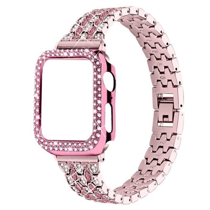 3 Rangs 5 Perles Bracelet + Couverture Protection Montre Pc Pour Apple Watch Series 6-5-4-Se 40Mm - Rose -Rose-Rose