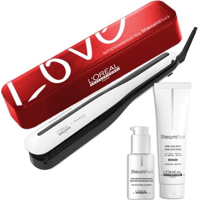 L'Oréal Steampod 3.0 - Pack Love - Lisseur Cheveux Professionnel 2-en-1 + Sérum Protection Pointes 50ml + Crème Epais 150ml