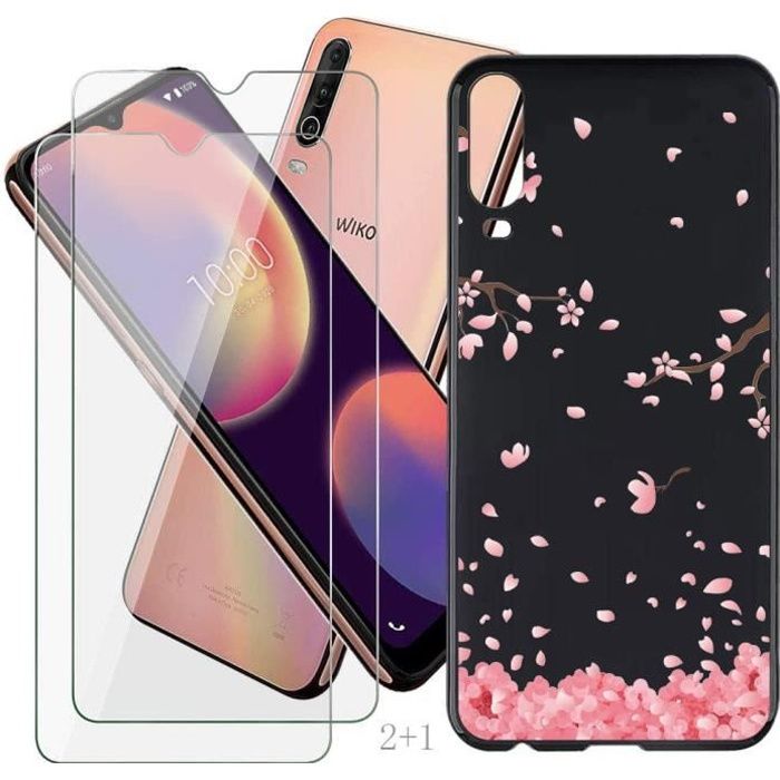 2 Pack Verre trempé + Coque Housse Pour Wiko View 4 Lite/View 4 6.52- Coque Silicone Gel Protection Housse - fleur de cerisier