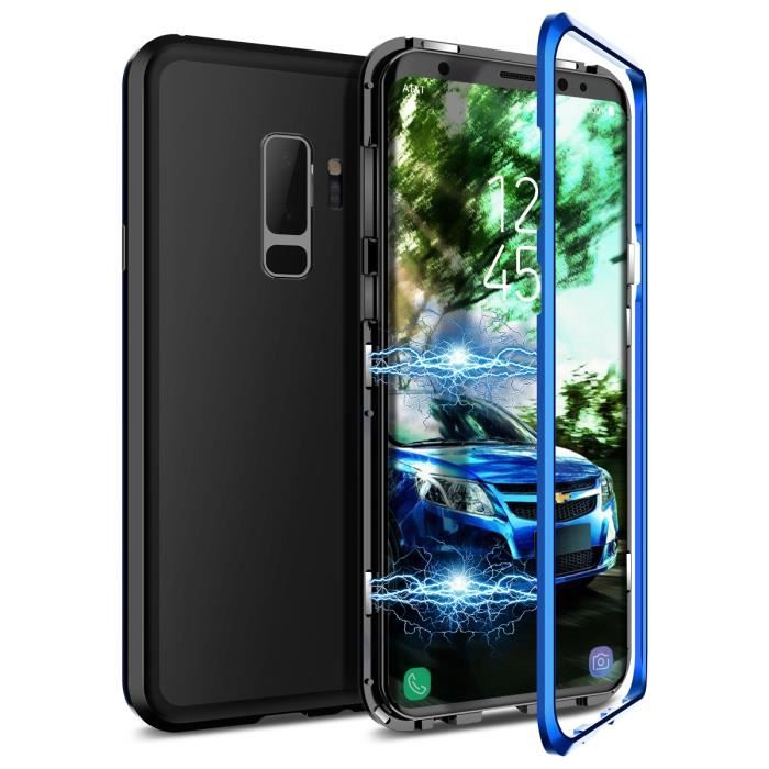 Samsung Galaxy S9 plus 2 en 1 Étui rigide avec cadre magnétique détachable Couverture arrière transparente PC Antichoc Noir + bleu